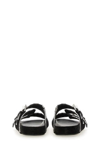 Isabel Marant women’s black suede slide sandals with silver-toned metal buckles and straps