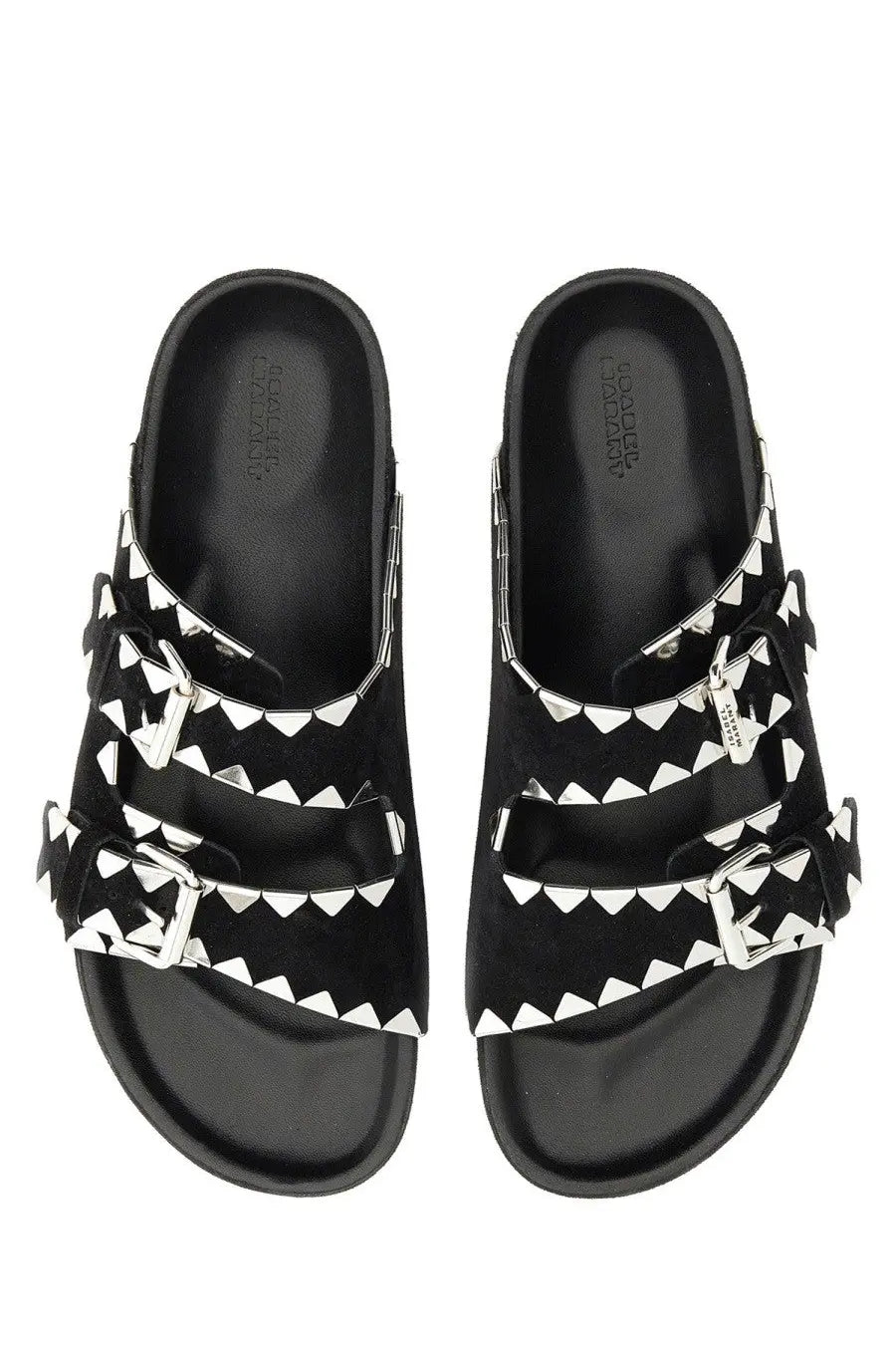Isabel Marant women’s black suede slide sandals with white triangular studs and silver-toned buckles