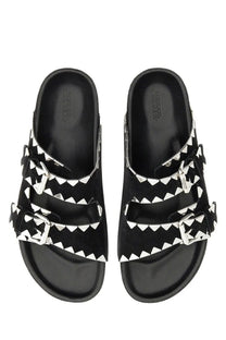 Isabel Marant women’s black suede slide sandals with white triangular studs and silver-toned buckles