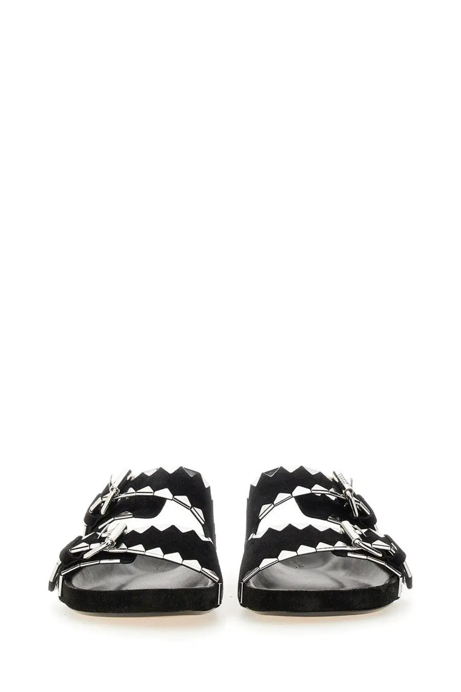 Isabel marant women’s black suede slide sandals with white zigzag stitching and silver buckle details