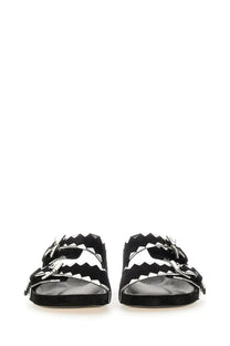 Isabel marant women’s black suede slide sandals with white zigzag stitching and silver buckle details