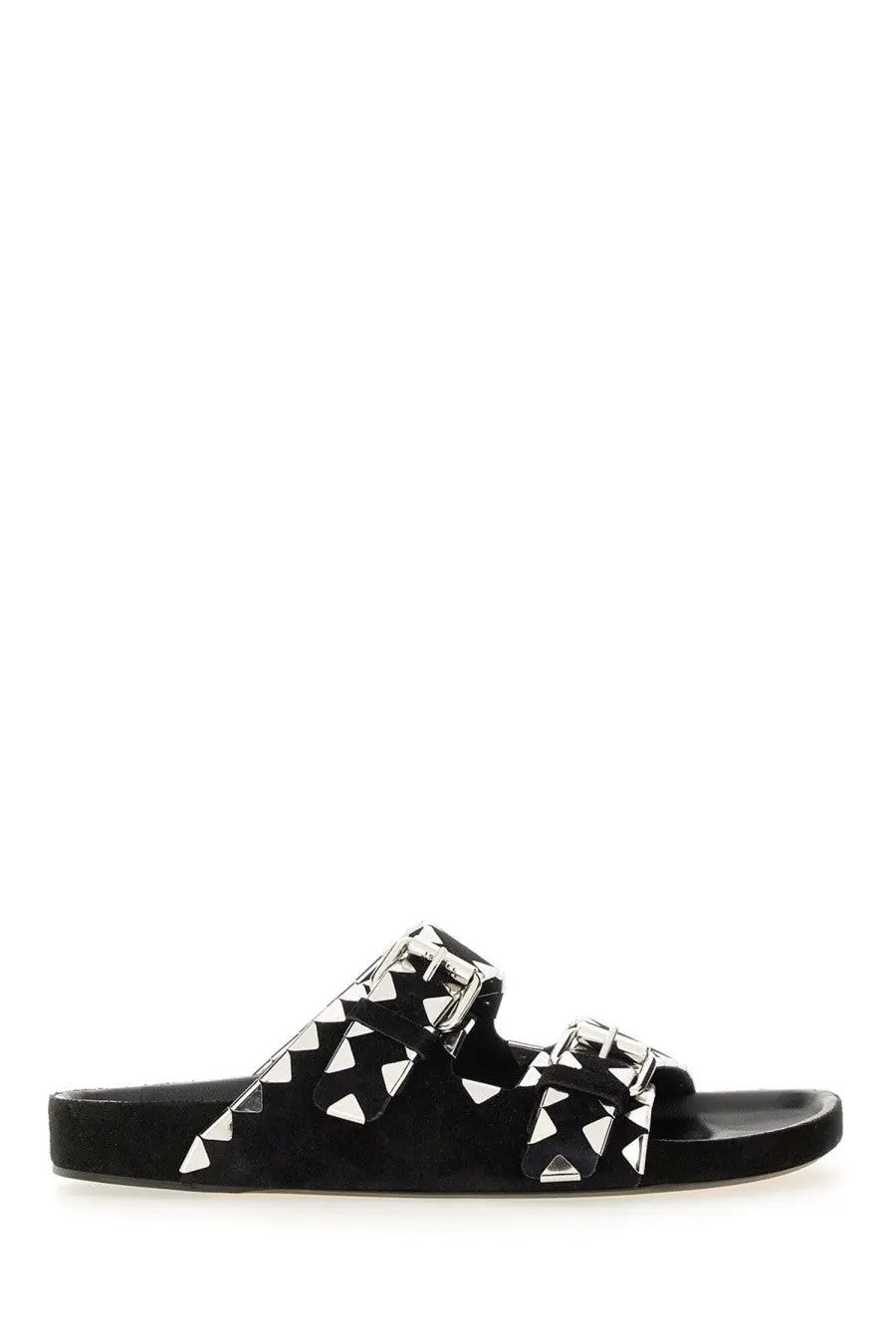 Isabel Marant women’s black suede slide sandal with silver triangular studs and dual buckle straps