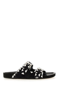 Isabel Marant women’s black suede slide sandal with silver triangular studs and dual buckle straps