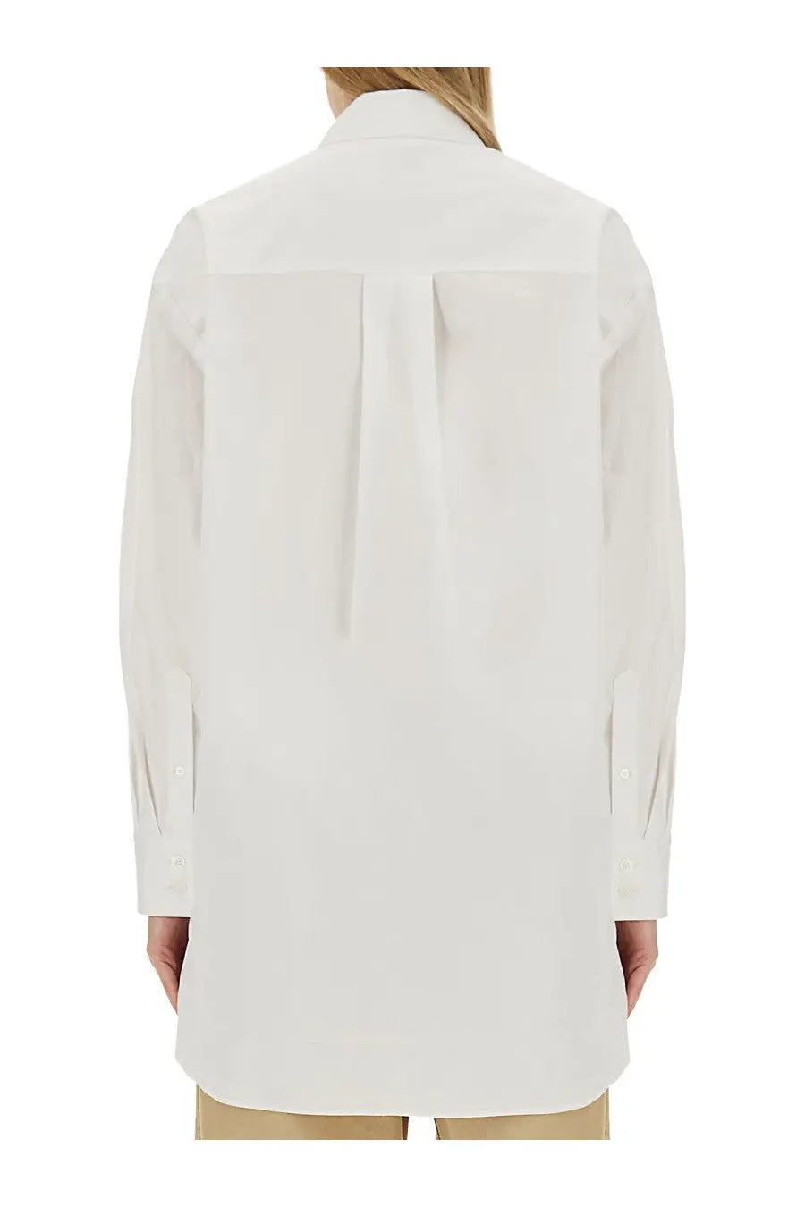 Isabel marant women’s white long-sleeved relaxed fit shirt with subtle back pleats shown from the back side