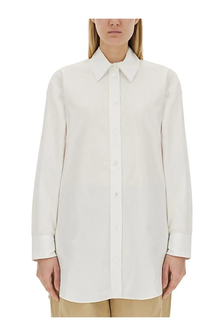 Isabel Marant women’s crisp white long-sleeved button-down shirt with classic collar and folded cuffs
