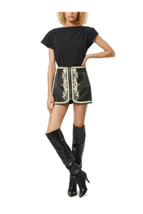 Isabel Marant women’s black denim mini skirt with gold floral embroidery and central zipper detail