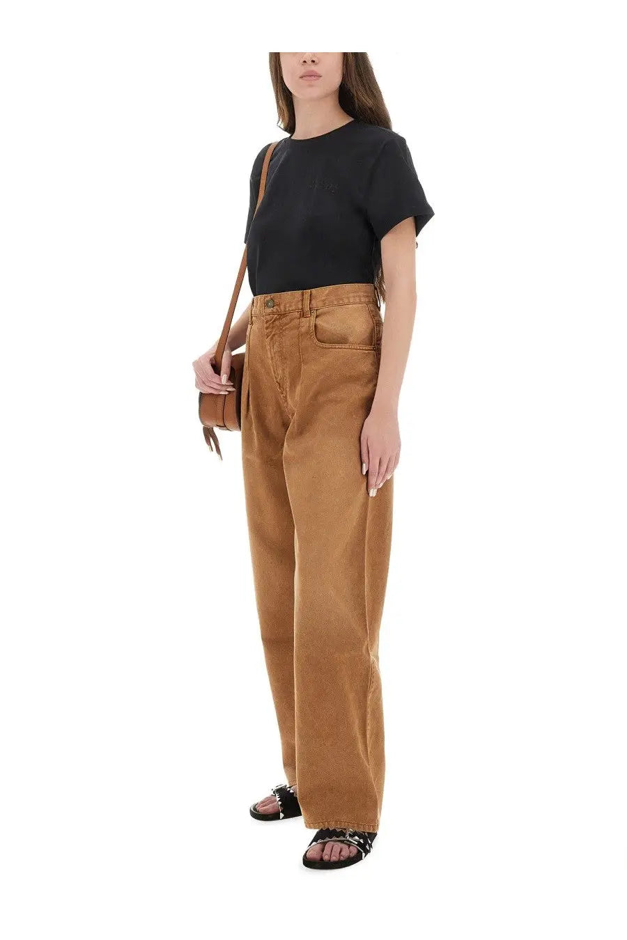 High-waisted tan denim trousers with a relaxed straight-leg cut paired with isabel marant womens shirt vidal black