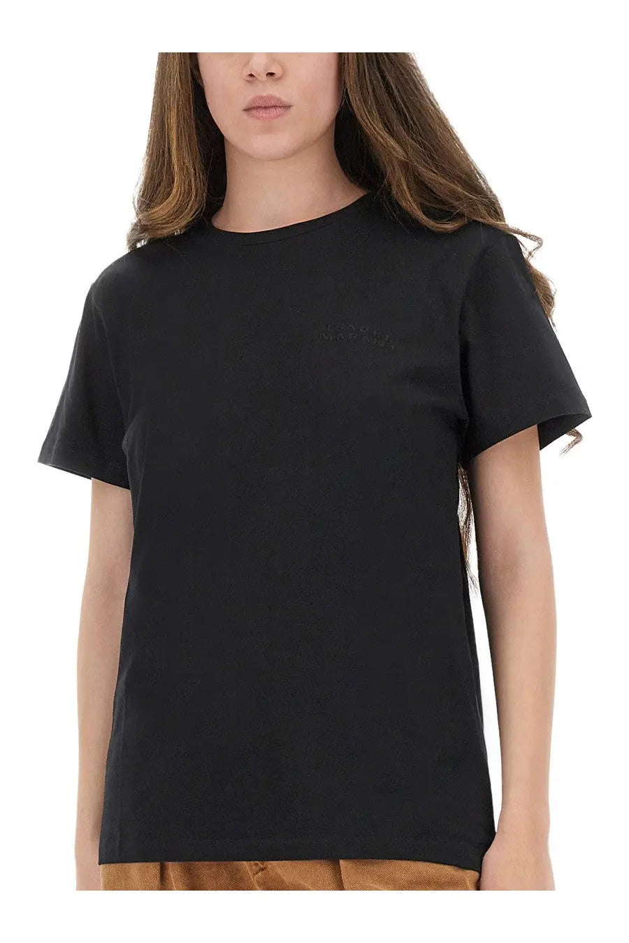 Isabel Marant women’s black short-sleeved cotton t-shirt with a subtle embroidered logo on the chest