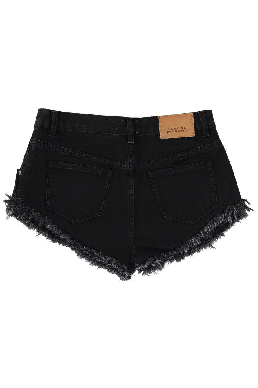 Isabel Marant women’s black denim shorts with frayed hem and tan leather brand patch at the waistband back side view