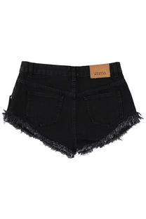 Isabel Marant women’s black denim shorts with frayed hem and tan leather brand patch at the waistband back side view