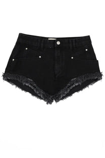 Isabel Marant women’s black denim shorts with frayed hem and silver button closures