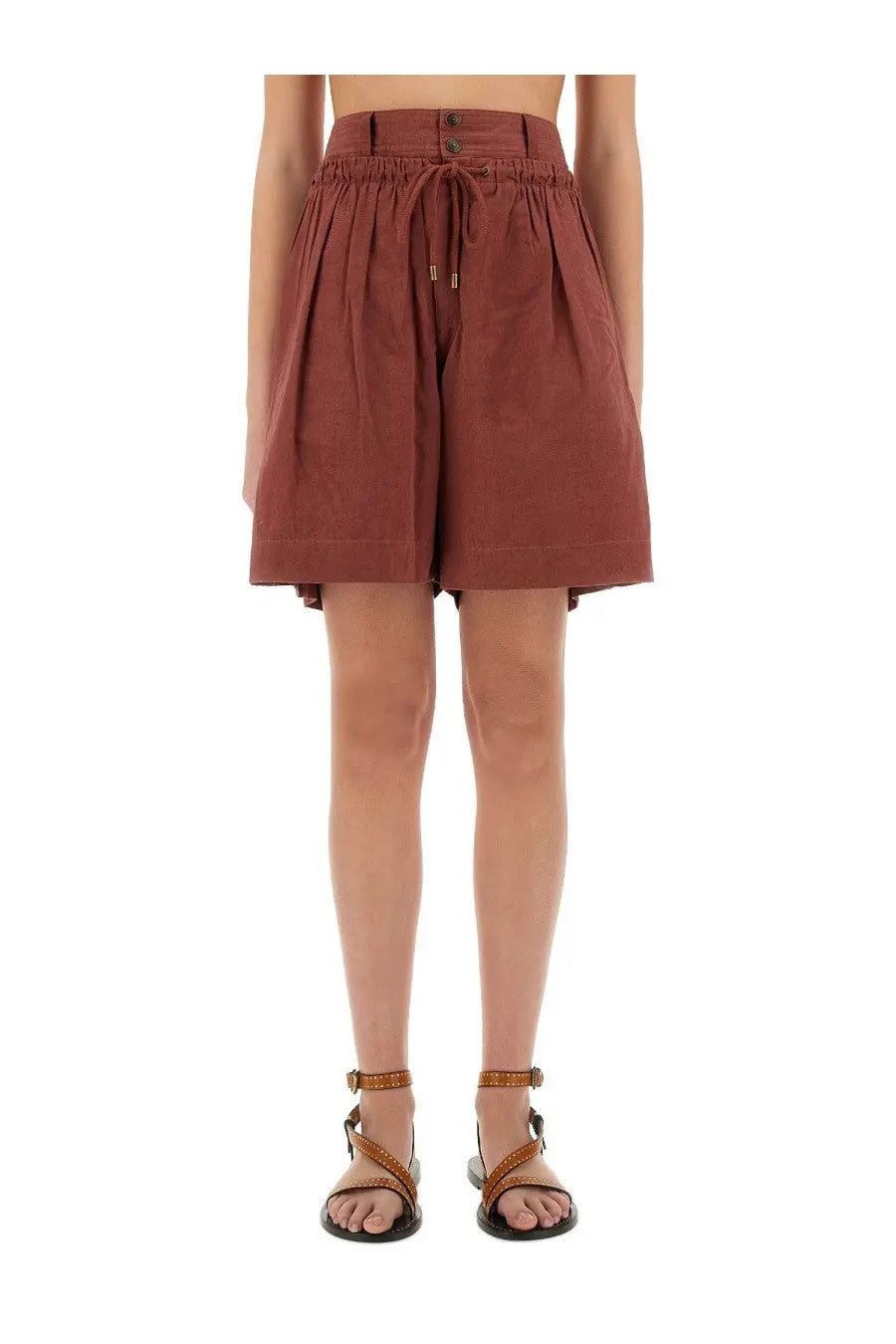 Isabel Marant women’s rust-colored high-waisted shorts with drawstring waistband and button closure