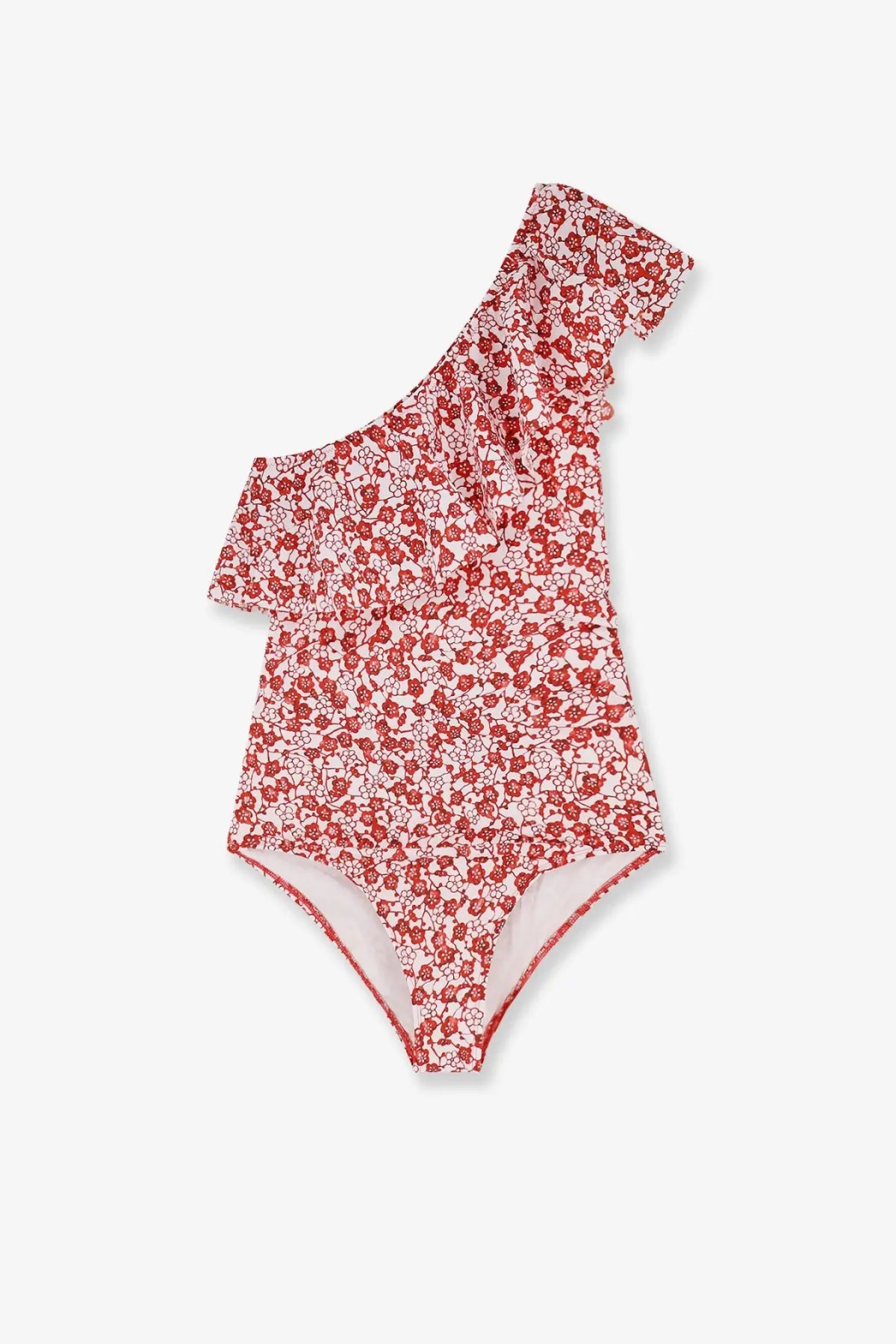 Isabel Marant women’s Sicilya one piece swimsuit in red with white floral print and ruffled one-shoulder design