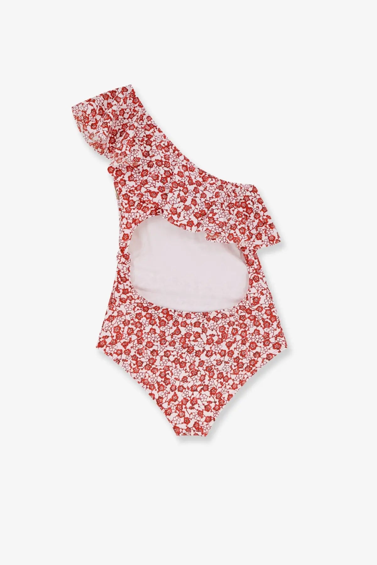 Isabel Marant women’s Sicilya one piece swimsuit in red with white floral print and ruffled one-shoulder design