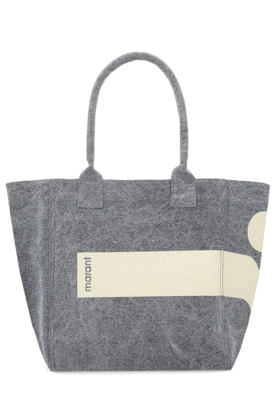 Isabel Marant women’s small Yenky bag grey textured canvas tote with cream abstract stripe and marant logo label