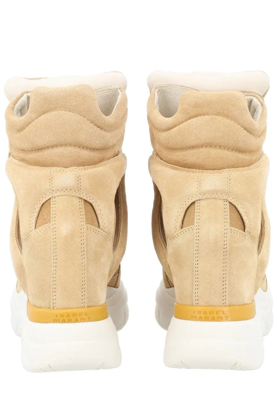 Isabel Marant women’s beige suede high-top sneakers with white rubber sole and yellow branding band