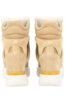 Isabel Marant women’s beige suede high-top sneakers with white rubber sole and yellow branding band