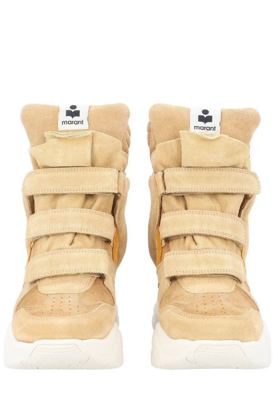 Isabel Marant women’s beige suede high top sneakers with three velcro straps and white rubber sole