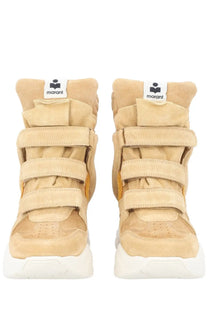 Isabel Marant women’s beige suede high top sneakers with three velcro straps and white rubber sole