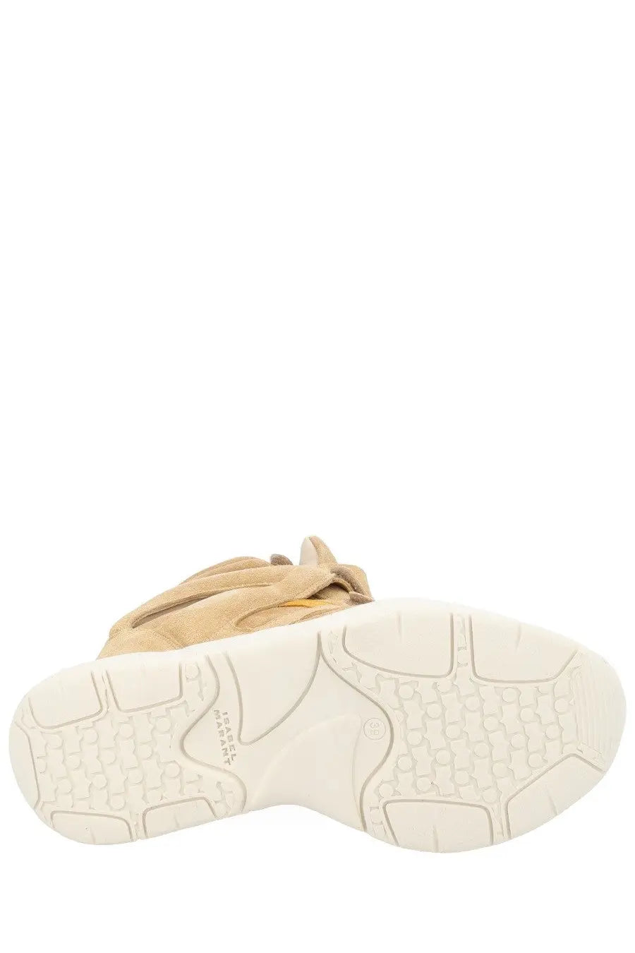 Isabel Marant women’s beige suede high-top sneaker with white rubber sole and textured tread pattern
