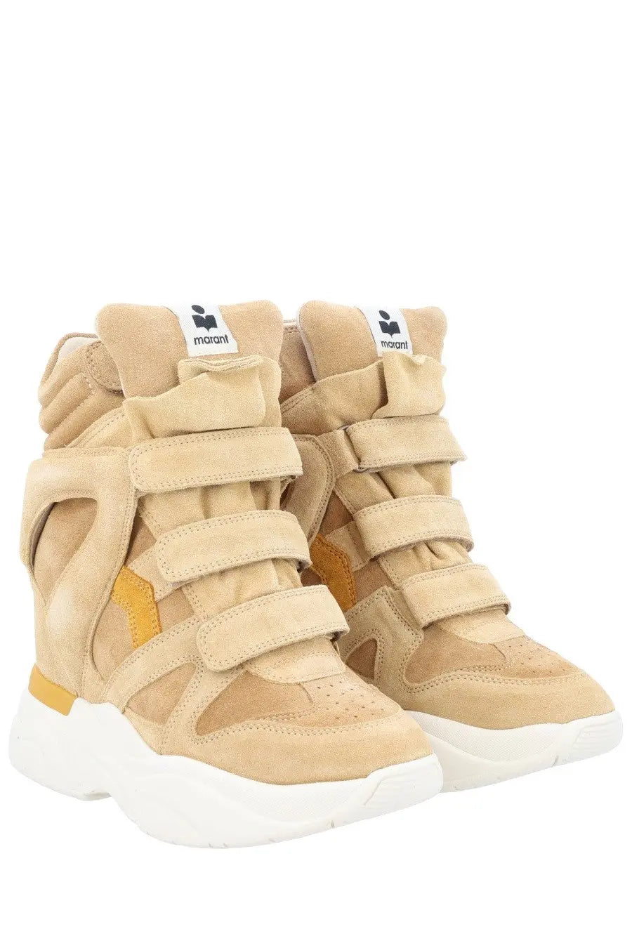 Isabel Marant women’s beige suede wedge sneakers with tan and white accents and multiple velcro straps