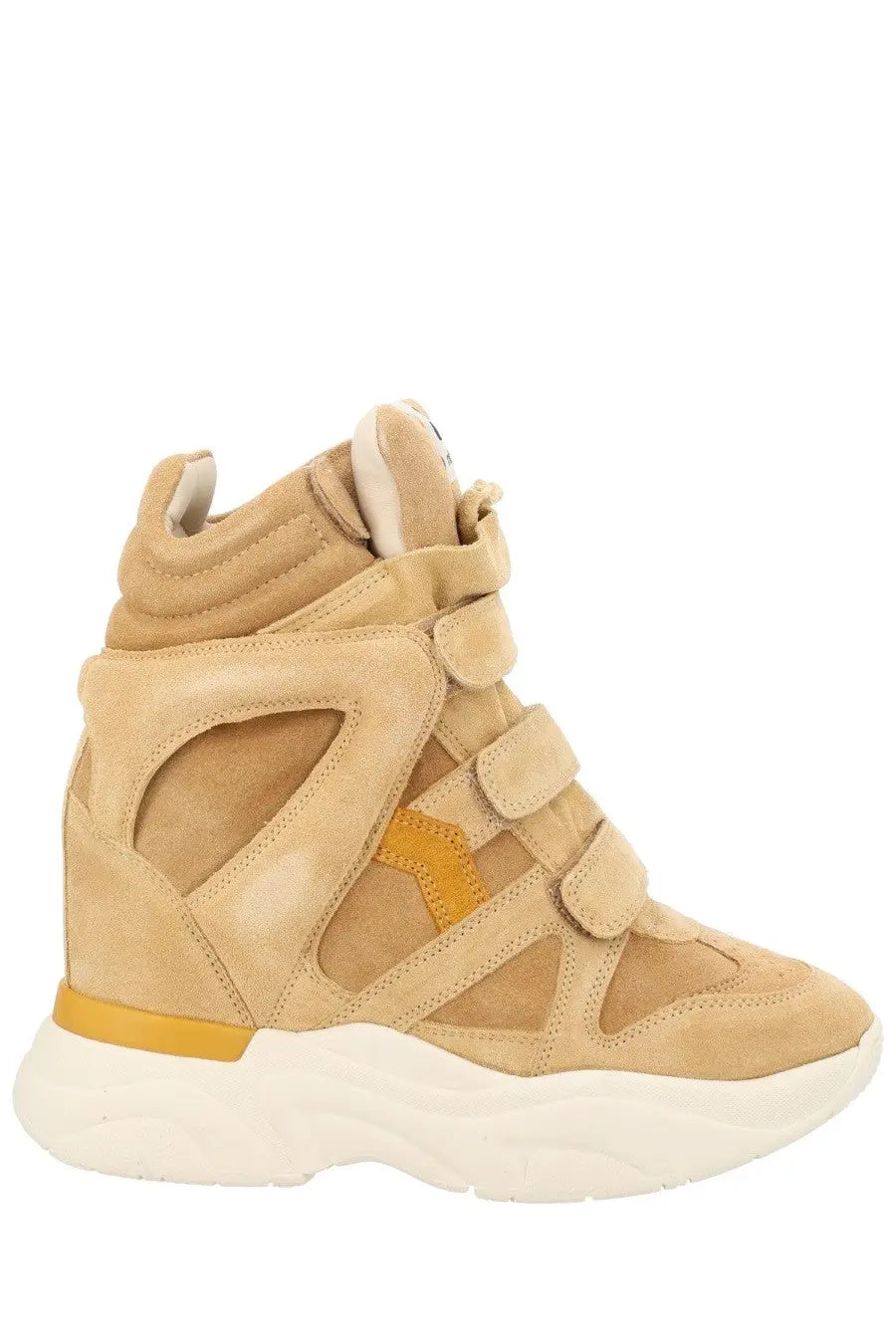Isabel Marant women’s tan suede high-top wedge sneaker with mustard yellow star logo and heel accent in beige