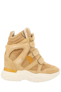 Isabel Marant women’s tan suede high-top wedge sneaker with mustard yellow star logo and heel accent in beige