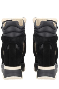 Isabel Marant women’s black high-top sneakers in suede and leather with cream accents on heel collar midsole and outsole