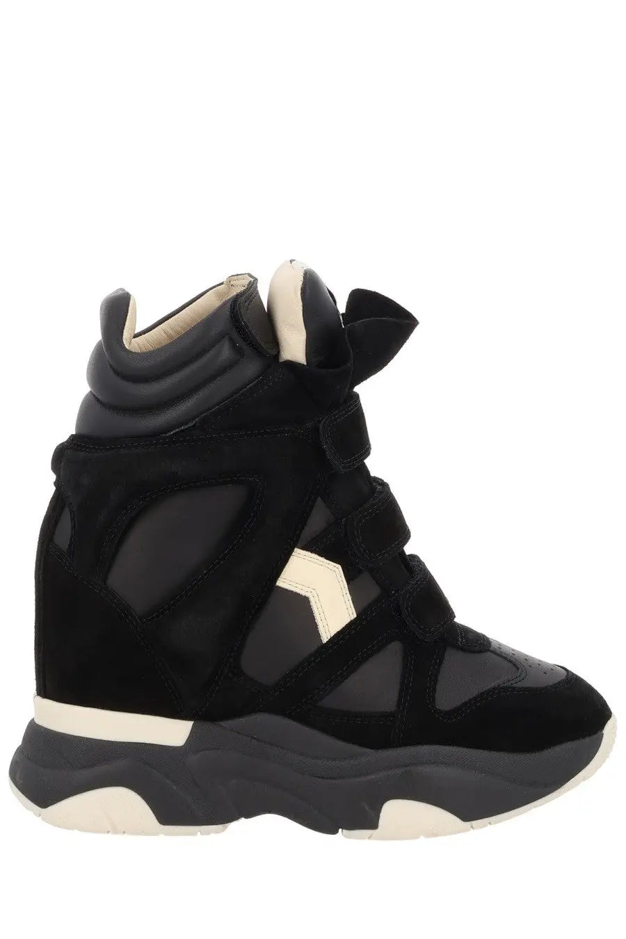 Isabel Marant women’s black suede and mesh wedge sneaker with cream accents chunky sole and velcro straps
