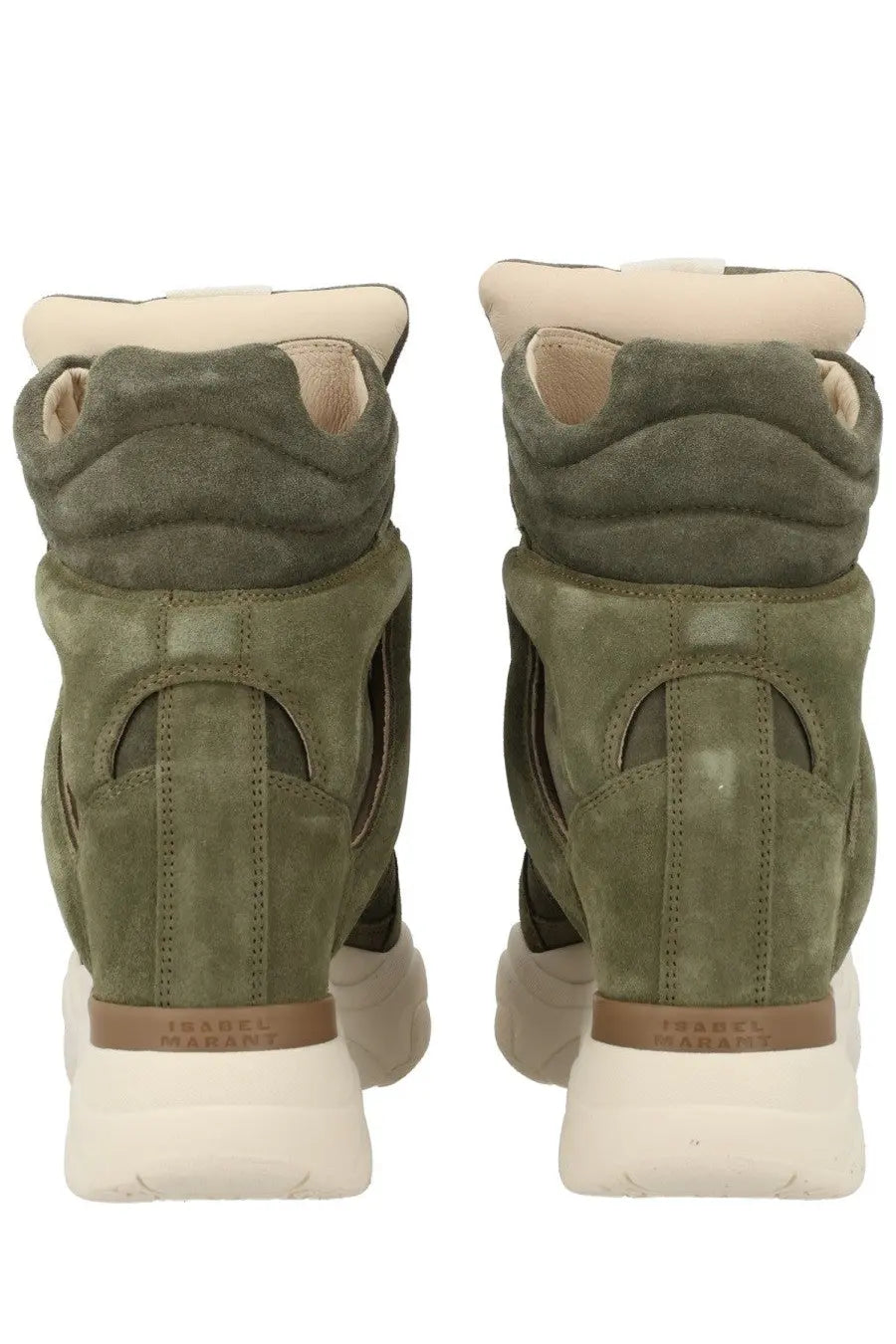 Back view of isabel marant women’s high-top sneaker balskee in olive green suede with cream sole and brown heel branding