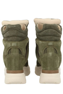 Back view of isabel marant women’s high-top sneaker balskee in olive green suede with cream sole and brown heel branding