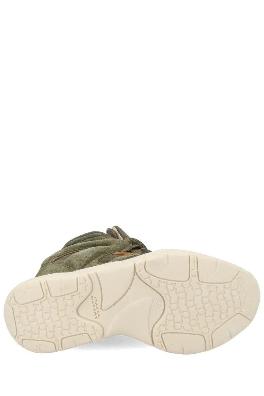 Isabel Marant women’s olive green suede high-top sneaker balskee with white rubber sole shown from the back side