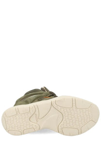 Isabel Marant women’s olive green suede high-top sneaker balskee with white rubber sole shown from the back side