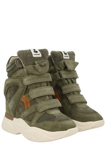 Isabel Marant women’s sneaker balskee green olive green suede high top with brown leather accents and white rubber sole