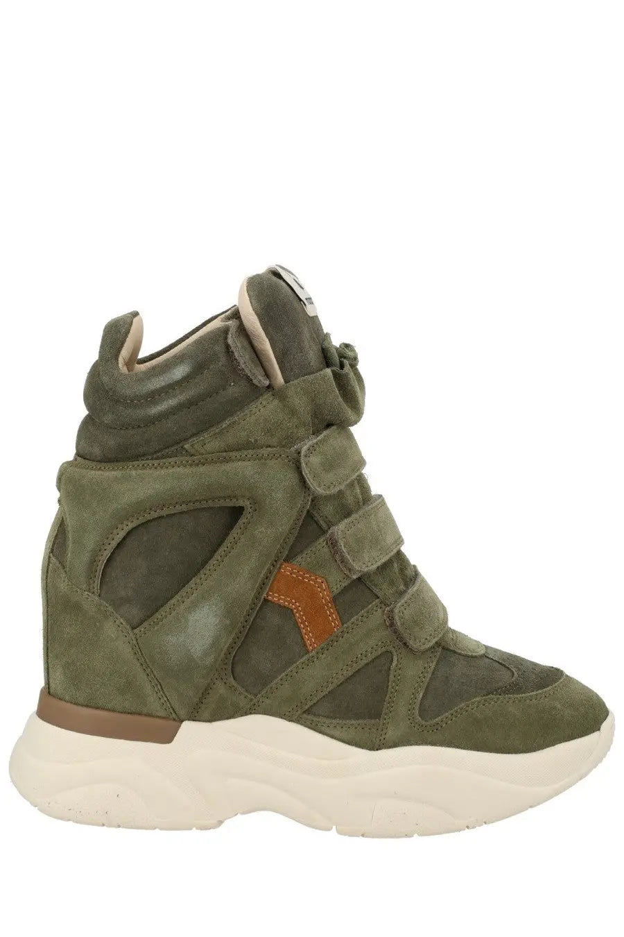 Isabel Marant women’s olive green suede wedge sneaker balskee with brown accents and chunky white sole