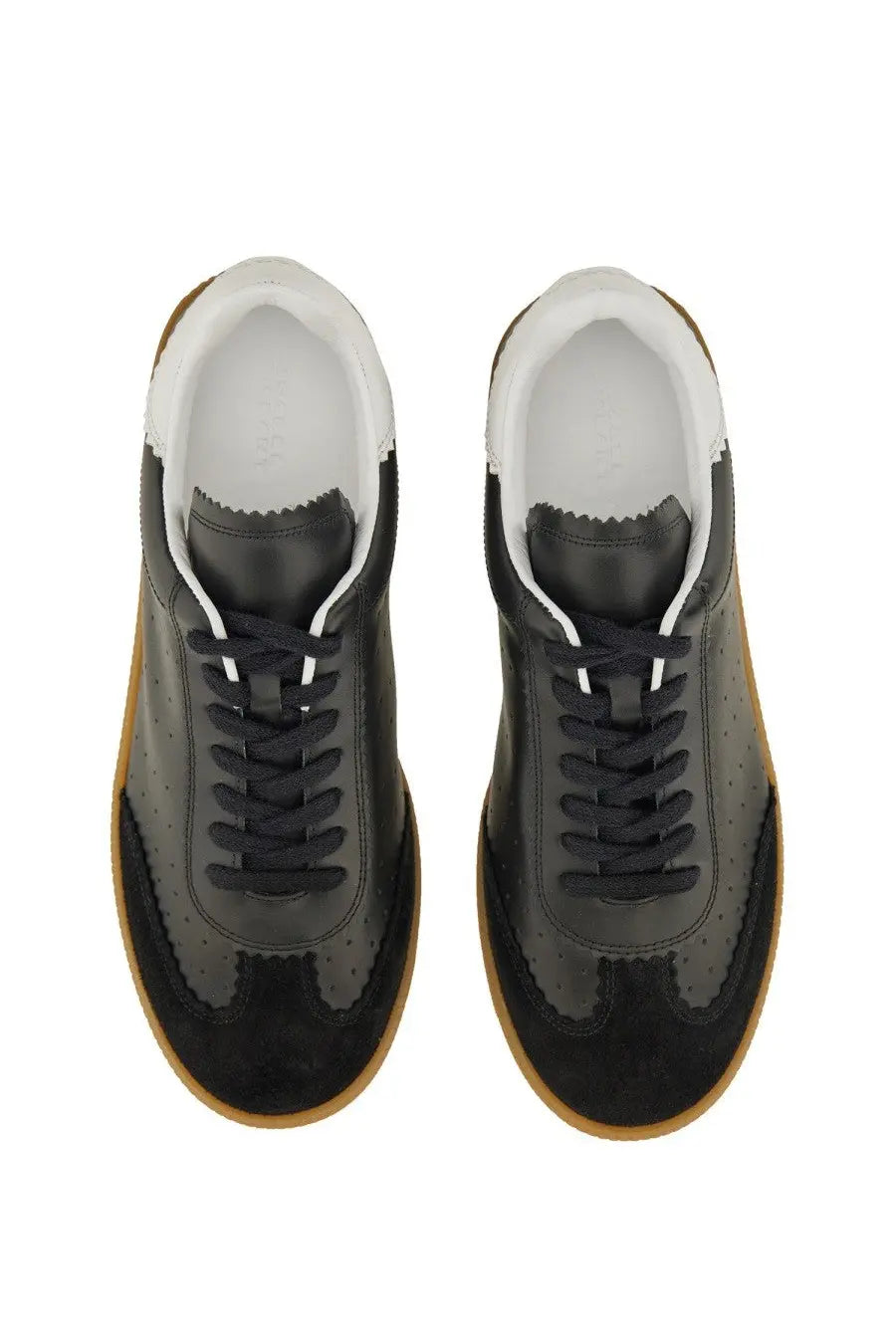 Isabel Marant women’s sneaker Bryce black with black and dark gray suede leather, white laces, tan rubber sole, and perforated detailing