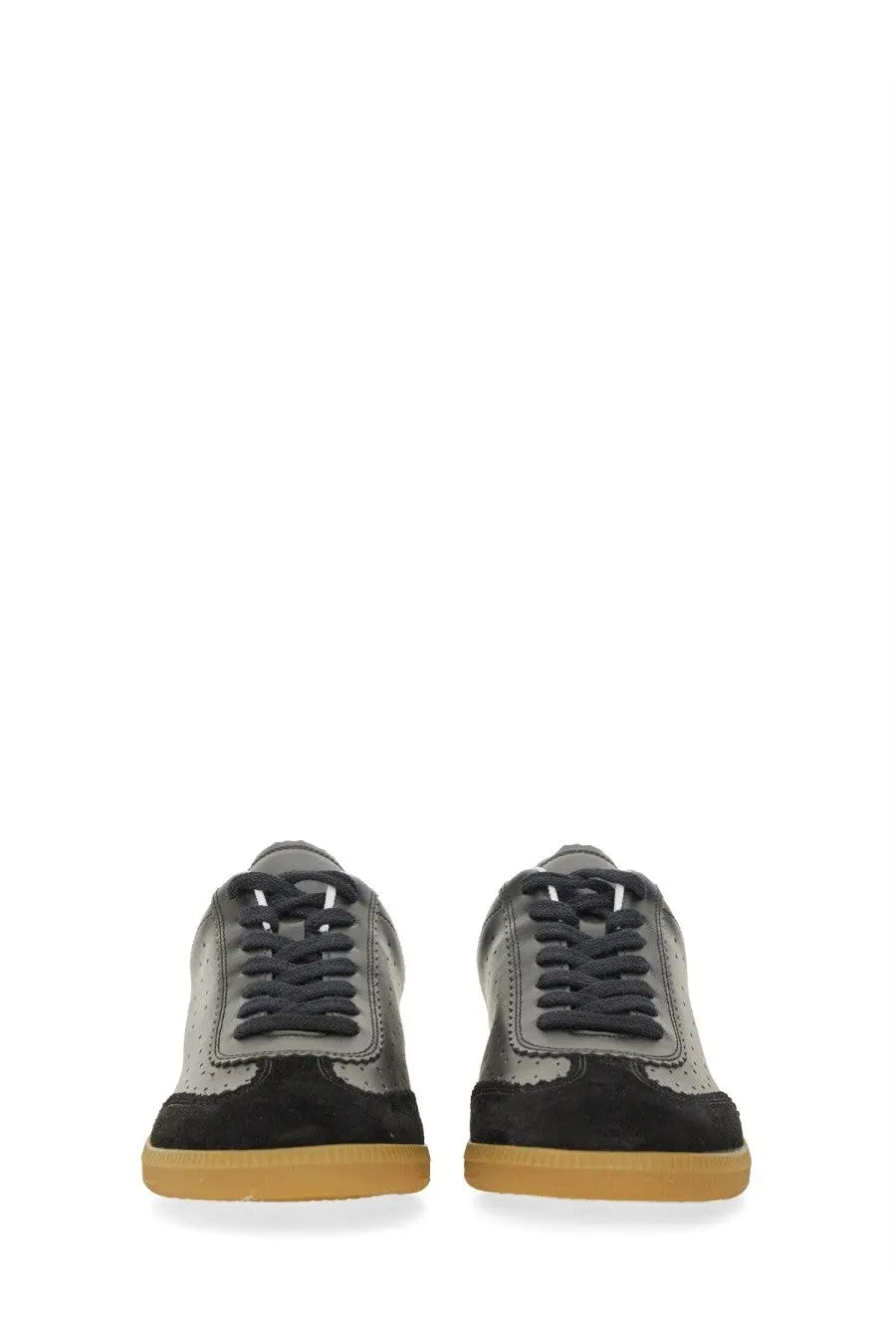 Isabel Marant women’s sneaker Bryce black in gray and black suede with tan rubber sole front view