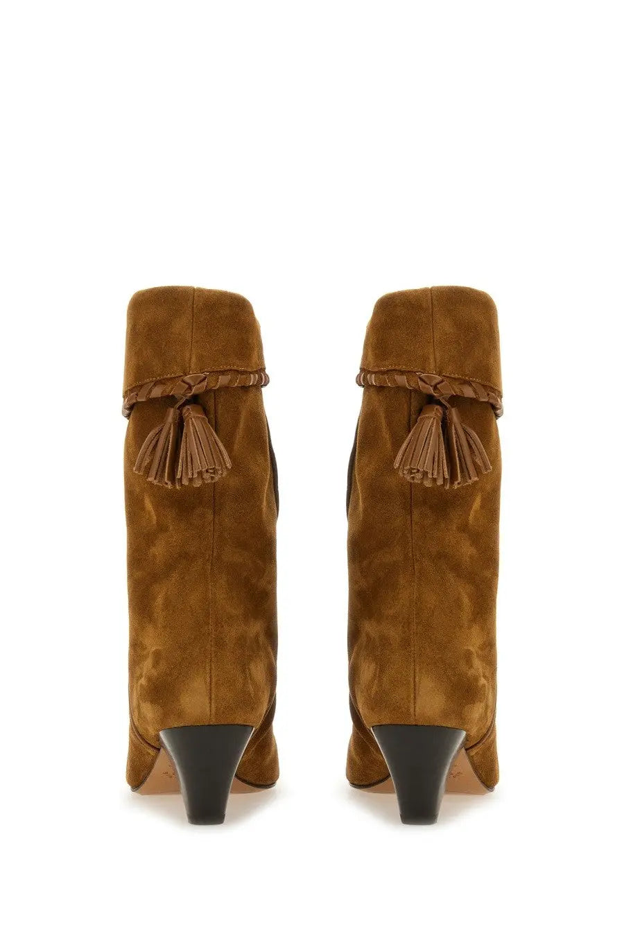 Isabel Marant women’s stivale dalby brown tan suede ankle boots with braided leather straps tassels and black block heels
