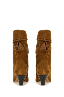 Isabel Marant women’s stivale dalby brown tan suede ankle boots with braided leather straps tassels and black block heels