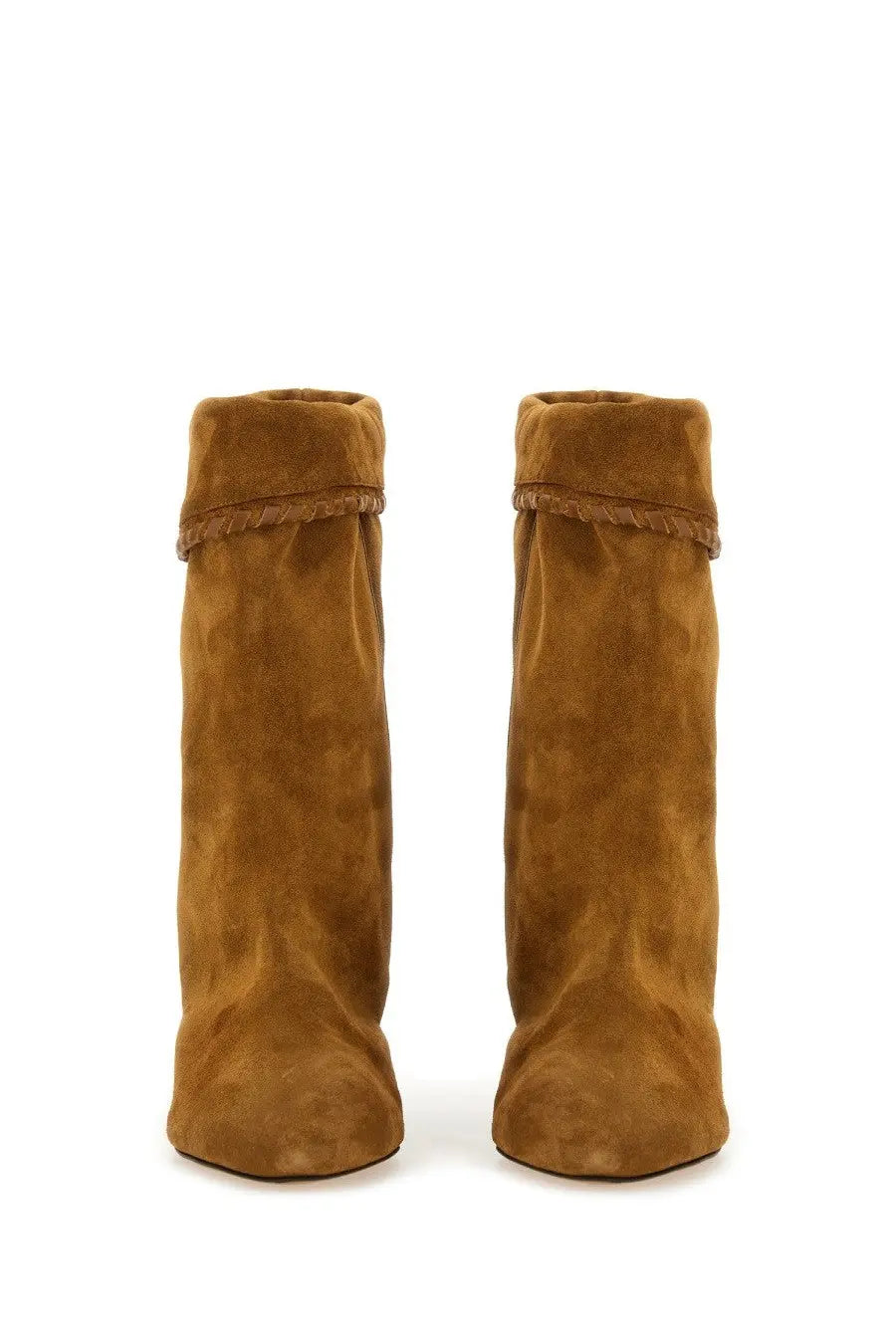 Isabel Marant women’s stivale dalby brown tan suede knee-high boots with braided leather cuff detail