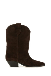 Brown suede isabel marant women’s stivale duerto cowboy boot back view with black block heel and stitched leather strap