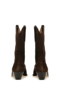 Isabel Marant women’s stivale duerto brown brown suede cowboy boots with black stacked heels front view