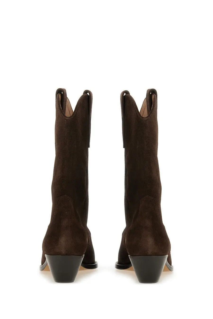 Isabel Marant women’s stivale duerto brown suede cowboy boots with black stacked heels showing the back side