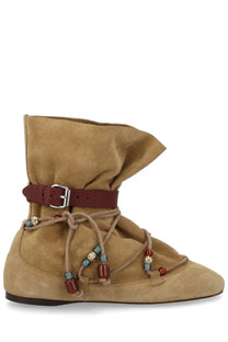 Isabel Marant women’s stivale letiz beige tan suede ankle boot with burgundy leather strap and decorative beaded laces