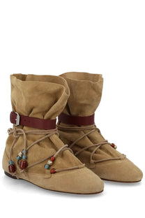 Isabel Marant women’s stivale letiz beige tan suede ankle boots with gathered upper maroon leather strap and beaded cord lacing