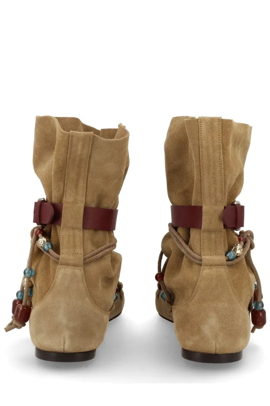 Isabel Marant women’s stivale letiz beige tan suede ankle boots with maroon leather straps and beaded tassels