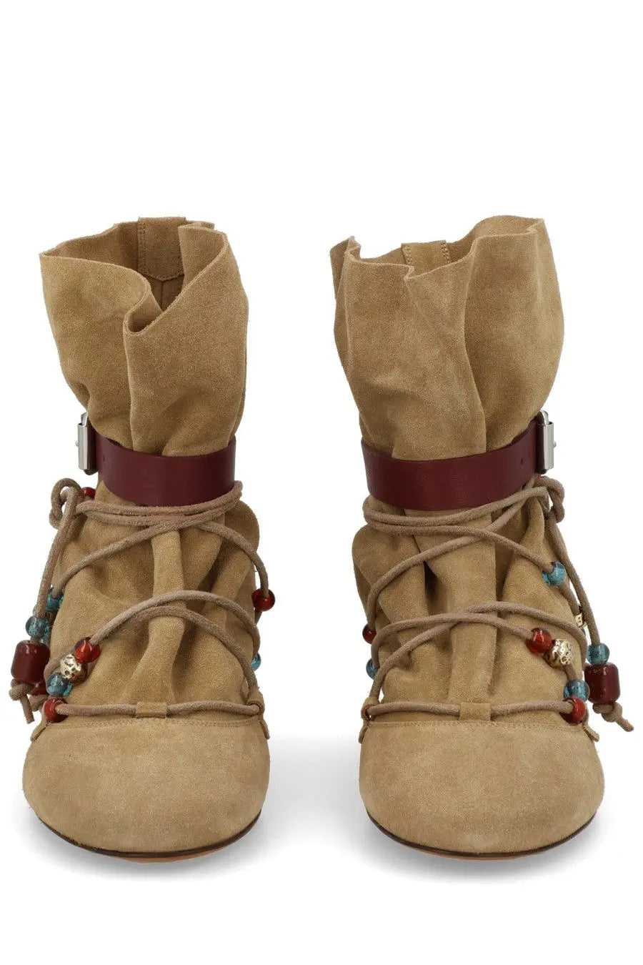 Isabel Marant women’s stivale letiz beige tan suede ankle boots with maroon leather straps and decorative beaded lacing