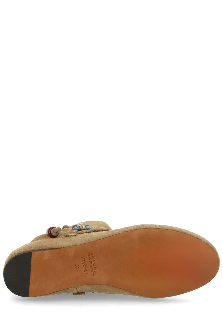 Isabel Marant women’s stivale letiz beige tan suede moccasin with decorative beaded strap and black rubber heel