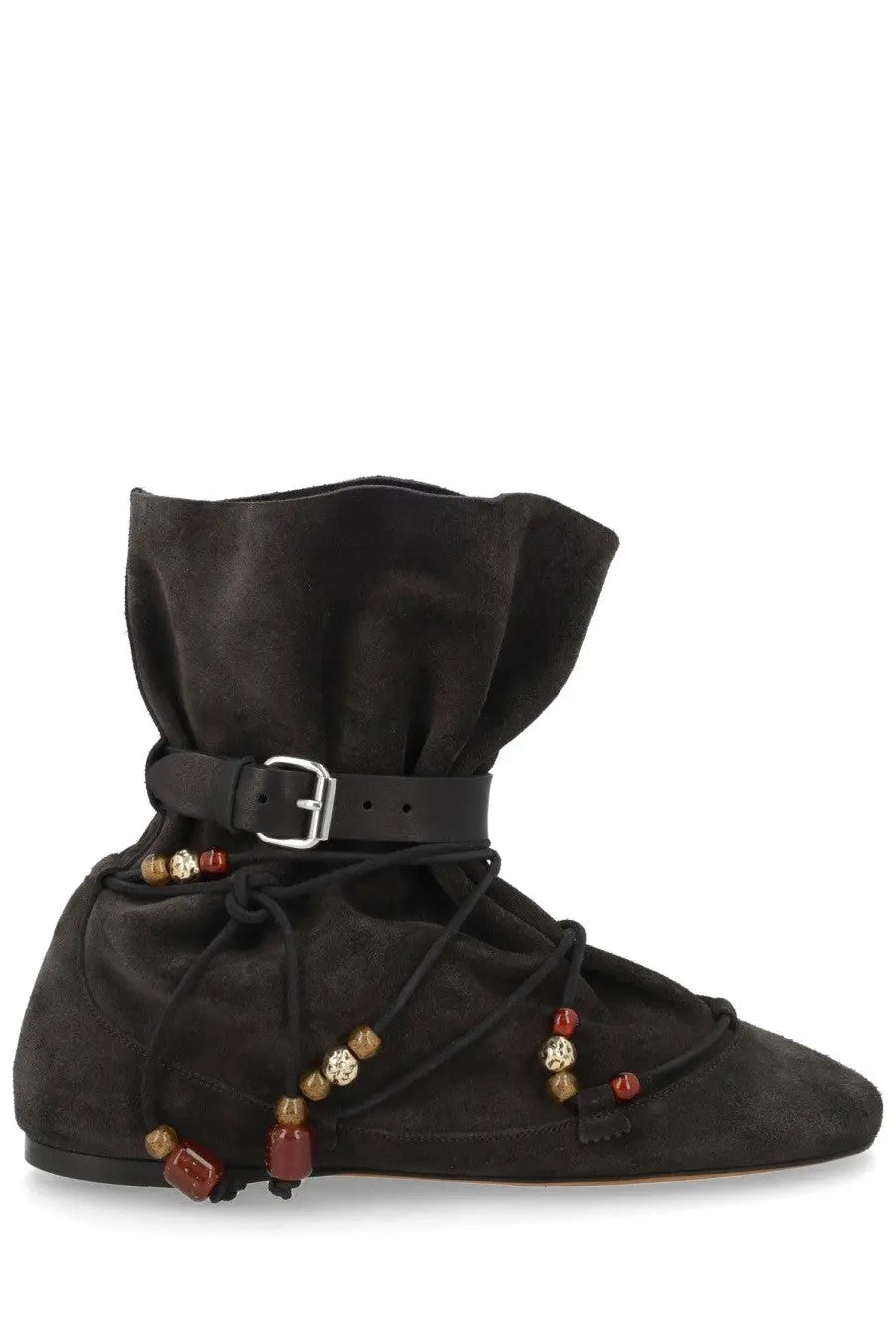 Isabel Marant women’s stivale letiz black suede ankle boot with cinched waistband and red and gold beaded lacing