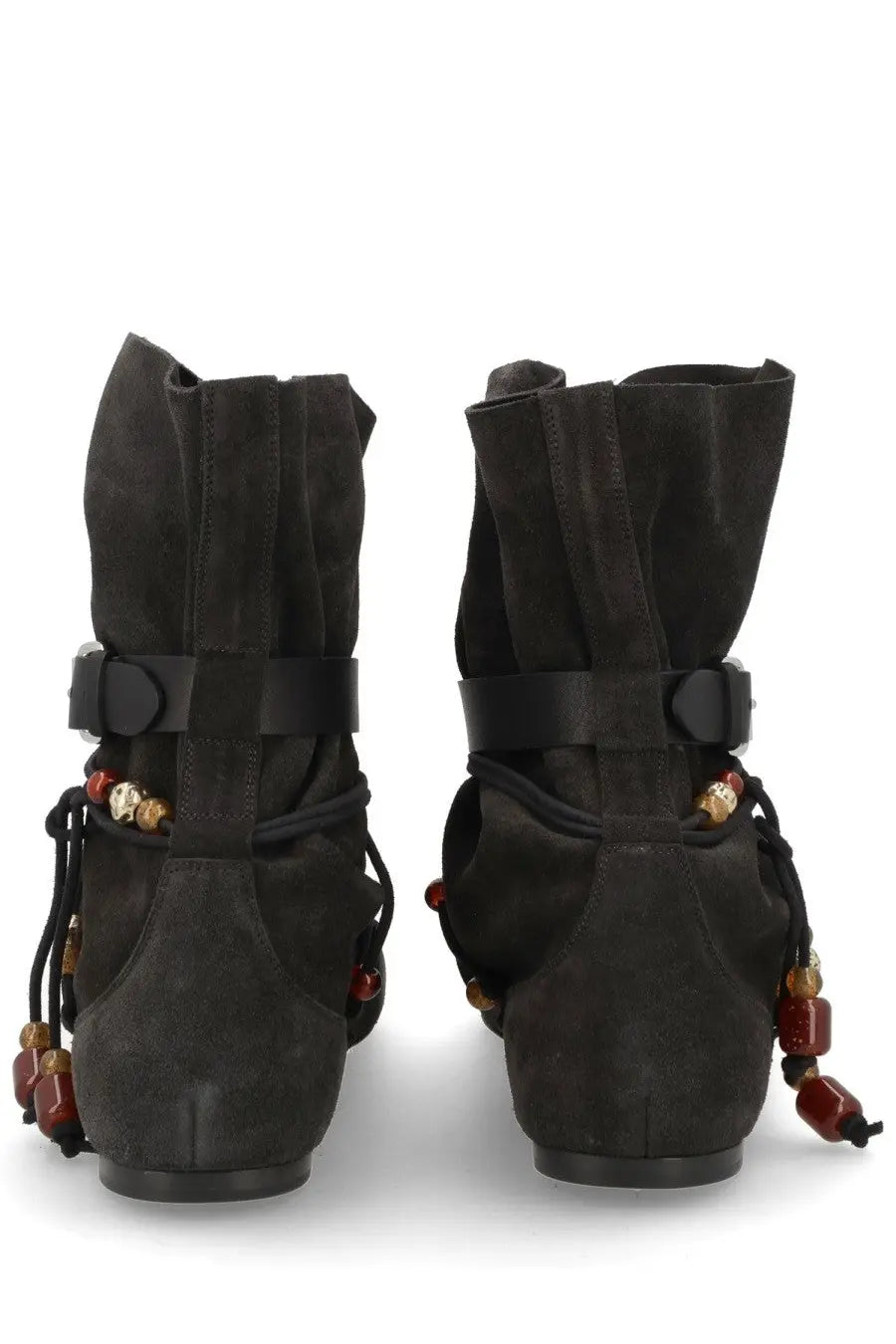 Isabel Marant women’s black suede ankle boots with decorative beaded straps and buckle detail